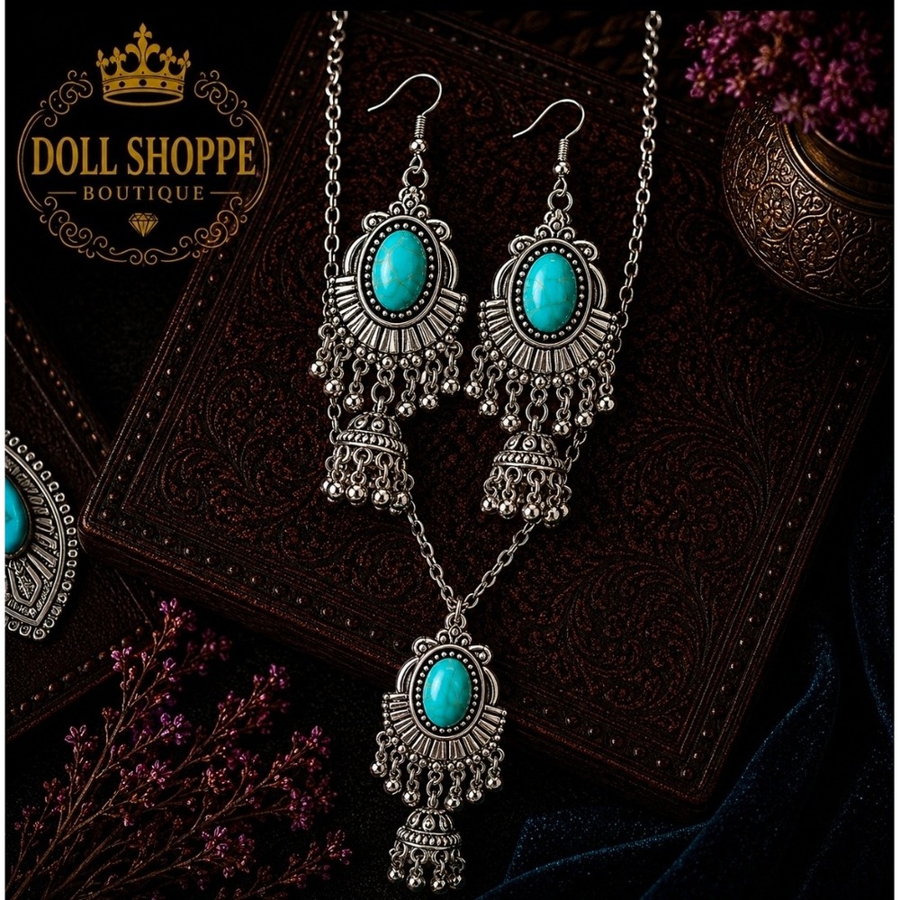 Turquoise Boho Jhumka Necklace & Earring Set